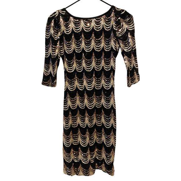 Crystal Doll Sequin Bodycon Mini Dress Small Black Gold Cocktail Party Glam NYE - Picture 5 of 15